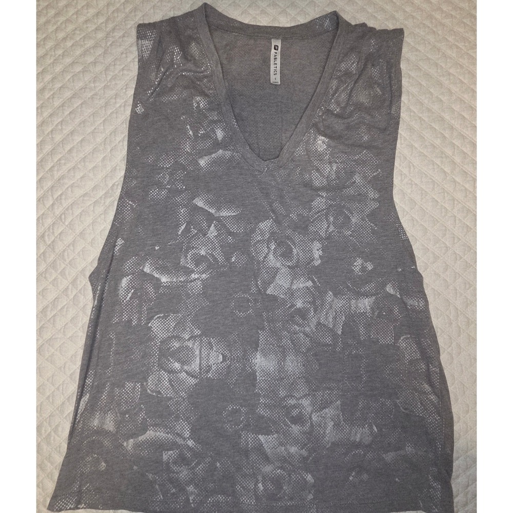Fabletics Womens Small Gray Silver Metallicβ Floral V-Neck Muscle Tank Top